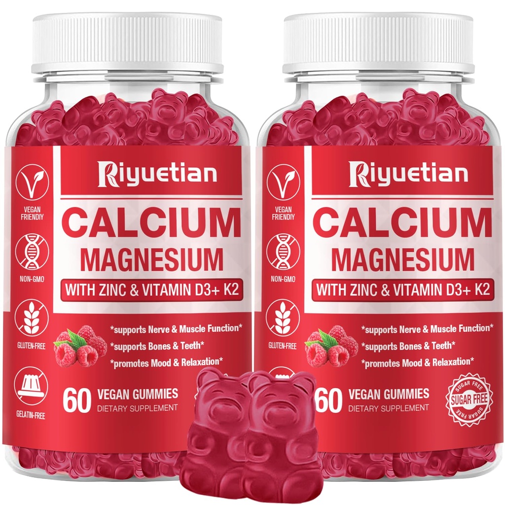 Kalsium Gummies + magnesium og sink med vitamin D3 & K2, høy absorpsjon kalsium Supplement for bein, tenner og immun støtte, ikke GMO, vegan, 120 greve