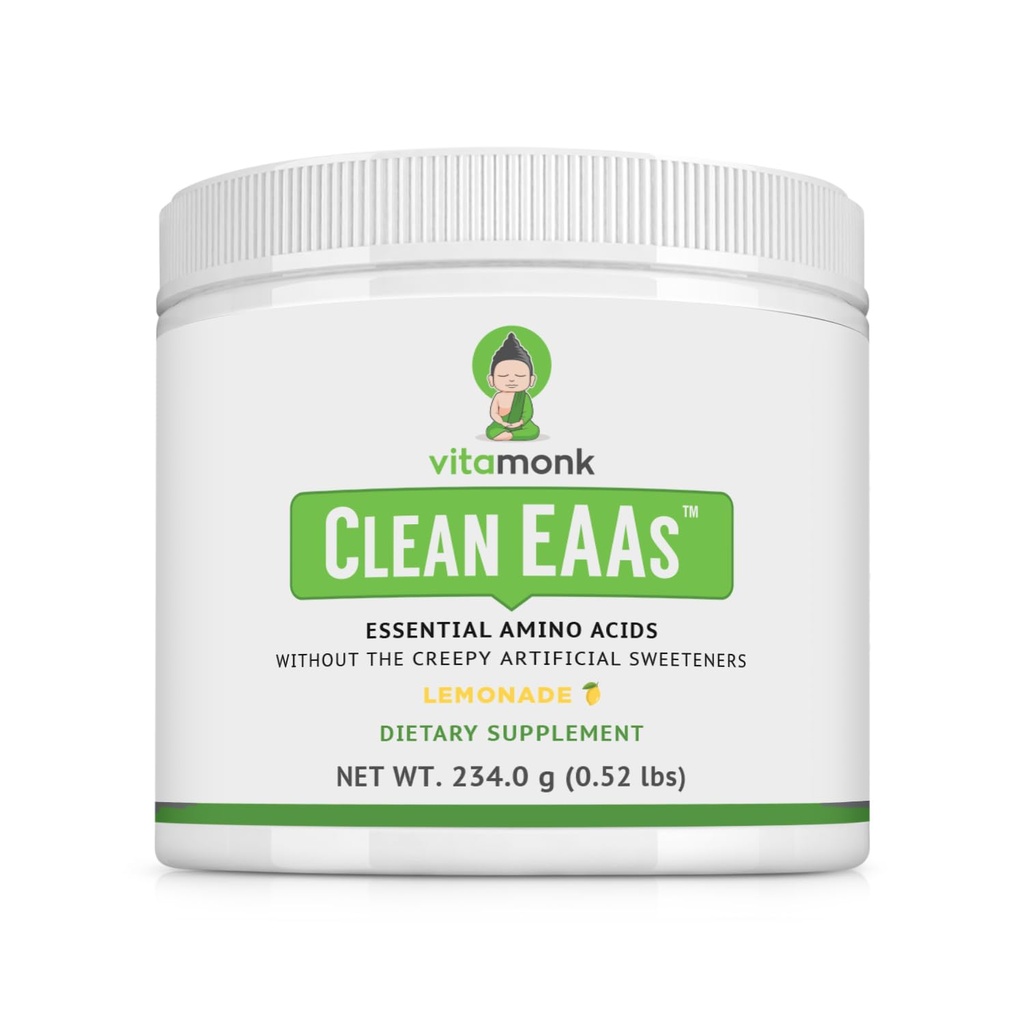VitaMonk Clean EAA - EAAs uten kunstige søtningsmidler for pre-arbeid, energi og utvinning - Max Biotilgjengelig EAA pulver med 9 essensielle aminosyrer - Naturlig lemonade Flavor
