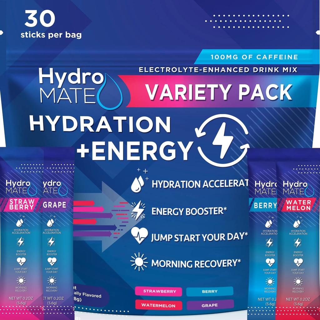 HydroMATE Electrolytes pulverdrikk Blandepakker Hydration Accelerator Lavt sukkerparti favors for Rapid Recovery Vitamin C Plus Koffein Variety Pack - 30 greve