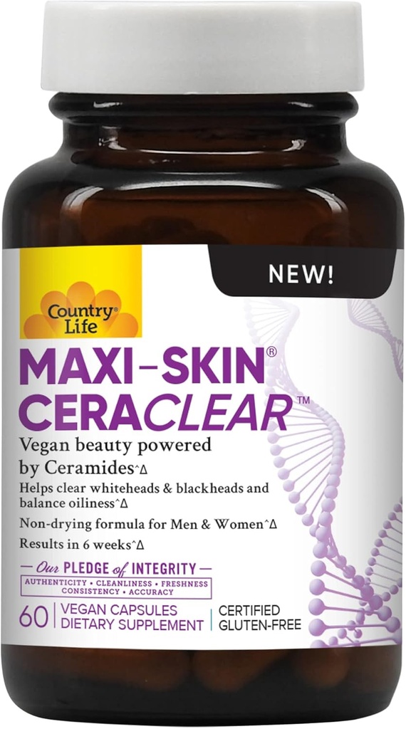 Country Life Maxi-Skin CeraClear, 60 Vegan Capsules – klinisk studert Konjac Root Ceramides for å støtte Clear, Hydrated Skin & Forbedre Hyperpigmentering – Glutenfri, Vegan, Kosher