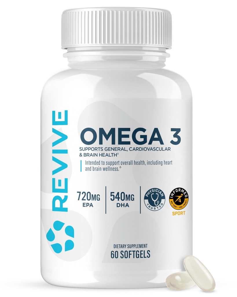Revive MD Omega 3 Fish Oil kosttilskudd for menn og kvinner – Softgels med EPA & DHA fettsyrer for sunn hud og ledd, hjerte og hjerne støtte – Vegansk-vennlig, Glutenfri (120 Softgels, 60 Services)