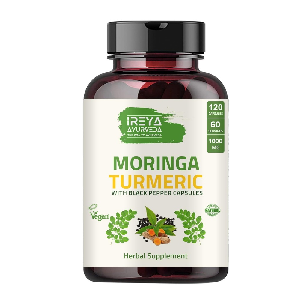 Organic Moringa Oleifera pulver & gurkemeie rot pulver med Blackpepper 120 kapsler | laget med organisk Moringa, gurkemeie og svart pepper | Vegan, Glutenfri og ikke-GMO.