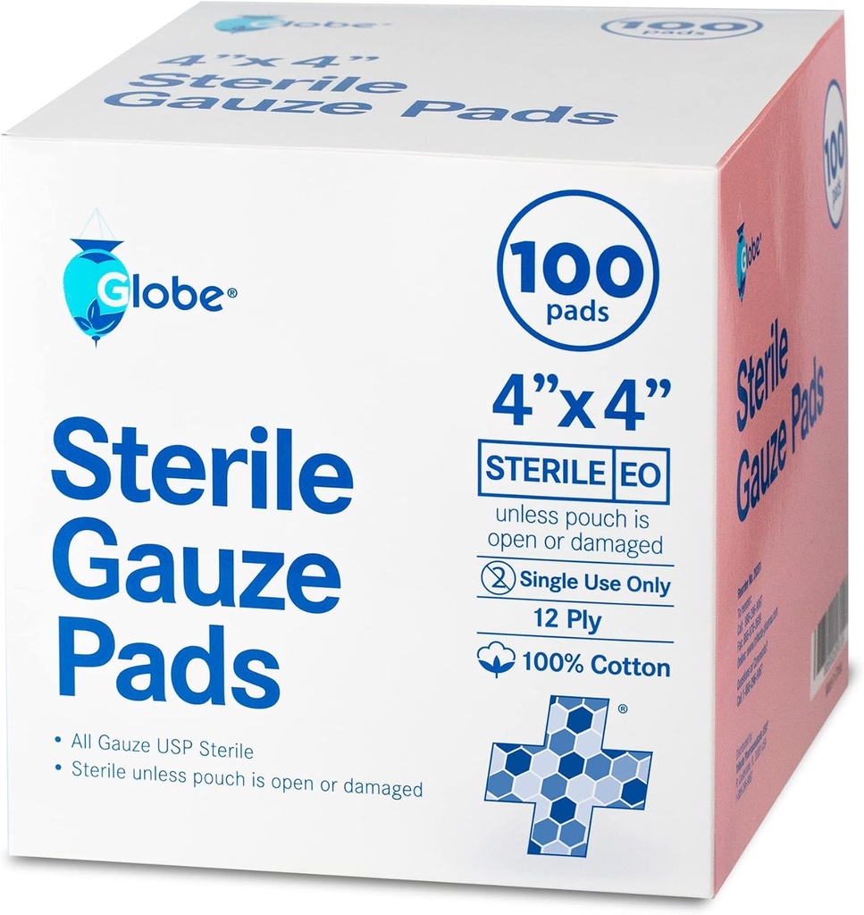 Globe 4' x 4 - Avanserte sterile Gauze Pads for sår dressing | 100-Pack, individuelt pakket | 12-Ply bomull & høy absorbent | Avanserte Gauze Sponge-Pads for sår omsorg og hjem førstehjelpssett (4 x 4)