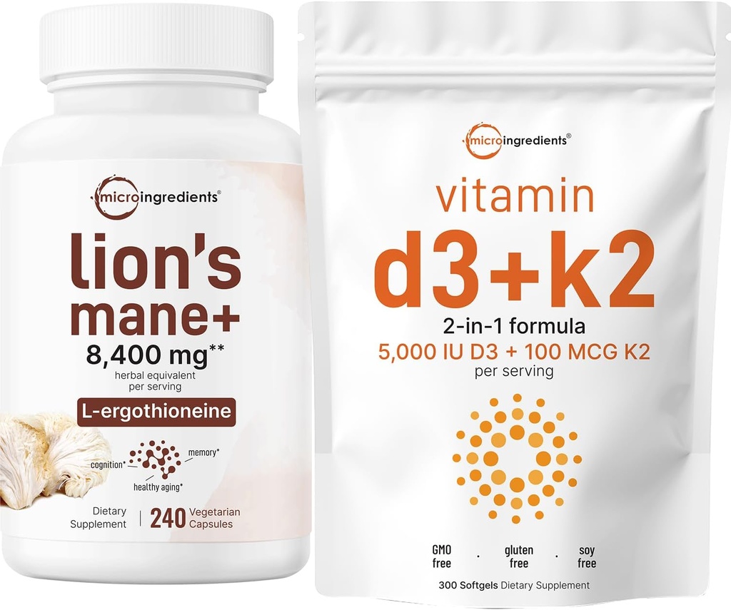 Micro Ingredienser Vitamin D3 5000iu + K2 100mcg Softgels & Lions Mane Supplement 240 Veggie Capsules Bundle 2 Pack | Essential Sunshine Vitamins | Supermat Mushroom Antioksidanter med L-Ergothioneine