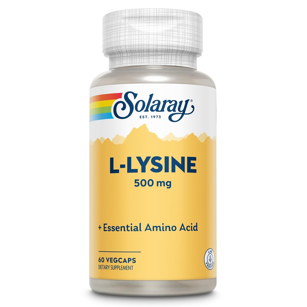 SOLARAY L Lysine 500 mg Kapsler - Free-Form Essential Aminosyrer Supplement - Kraftig wellness støtte med L-Lysine Aminosyre - Lab Verifisert, 60-dagers garanti, 60-dagers serveringer, 60-dagers