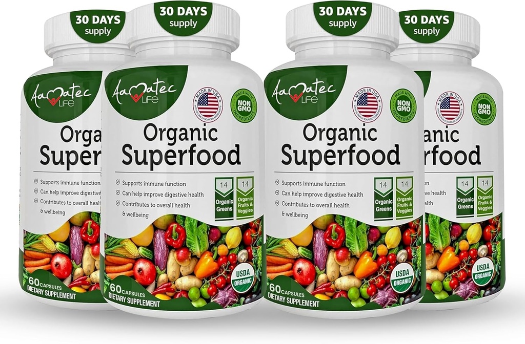Økologisk supermat Grønn frukt og grønnsaker kompleks - beste kosttilskudd med 14 grønnsaker og 14 frukter og grønnsaker med Alfalfa og antioksidant organiske ingredienser ikke-GMO 240 kapsler