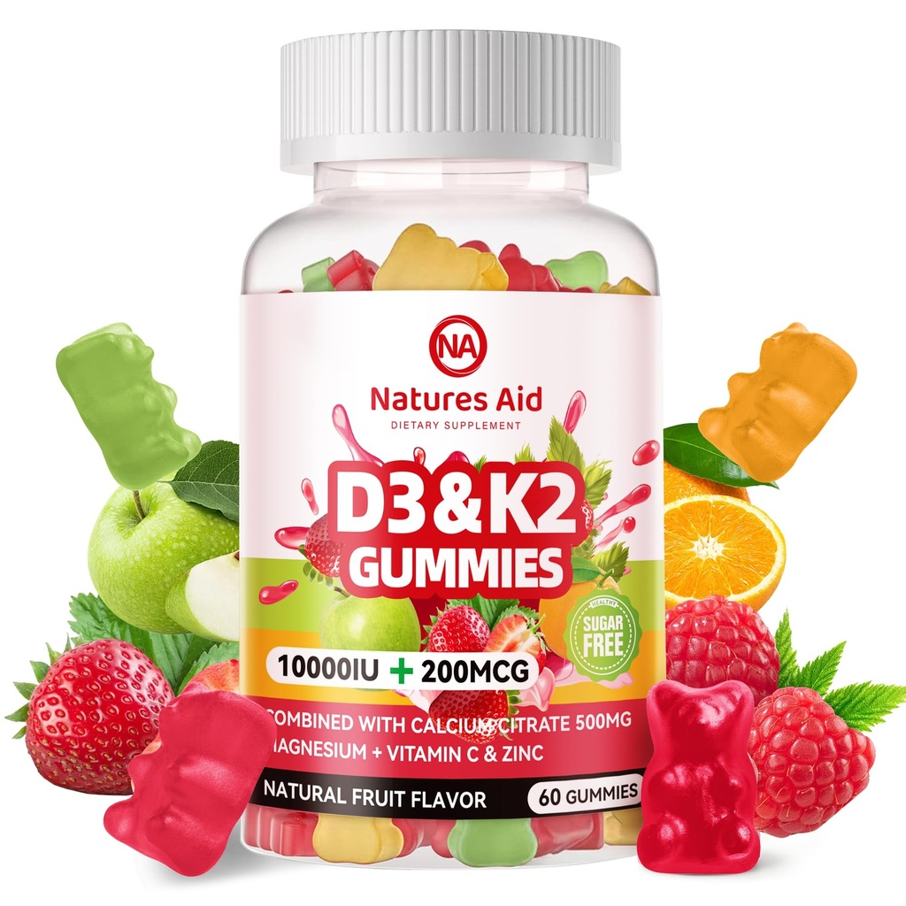 Natures Aid Sukker-fri vitamin D3 K2 Gummies med kalsium + K2 (MK-7), Magnesium Citrat, vitamin C, Extra styrke - Ultimate Absorpsjon for Bone Muskel Tenne Immune, Vegan - 60 Gummies