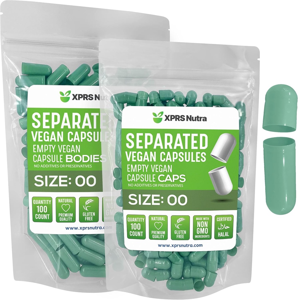 XPRS Nutra Vegansk Størrelse 00 Separerte kapsler - 100 greve Premium tomme kapsler adskilt i poser - 00 piller tom for DIY Supplement Fylling (Sage Green)