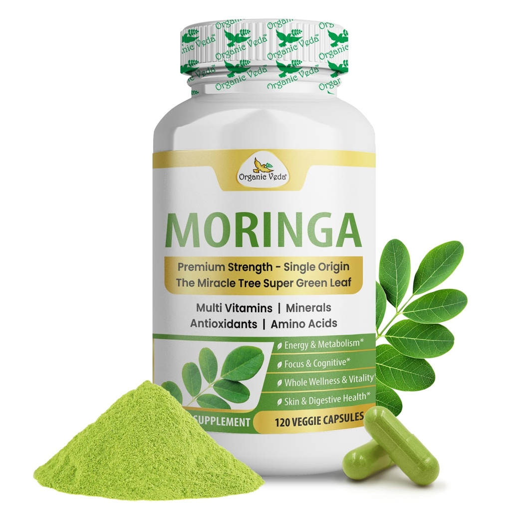 Organic Veda Moringa Leaf Capsules 1000mg, 120 Count - ren Raw Moringa Oleifera Powder Hele blader Grønn Super Mat Supplement - Øker energi, helse, velvære og antioksidanter rik