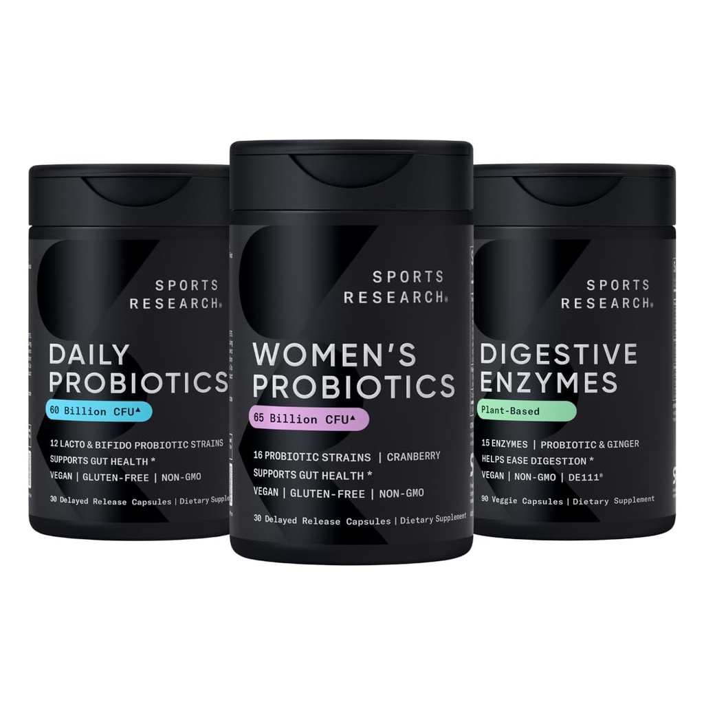 Idrettsforskning Alle Vegan: Daglige probiotika med prebiotika (60 milliarder CFU), Digestive enzymer med probiotika og Ginger (Plant Basert) og kvinners probiotika med prebiotika (65 milliarder CFU)