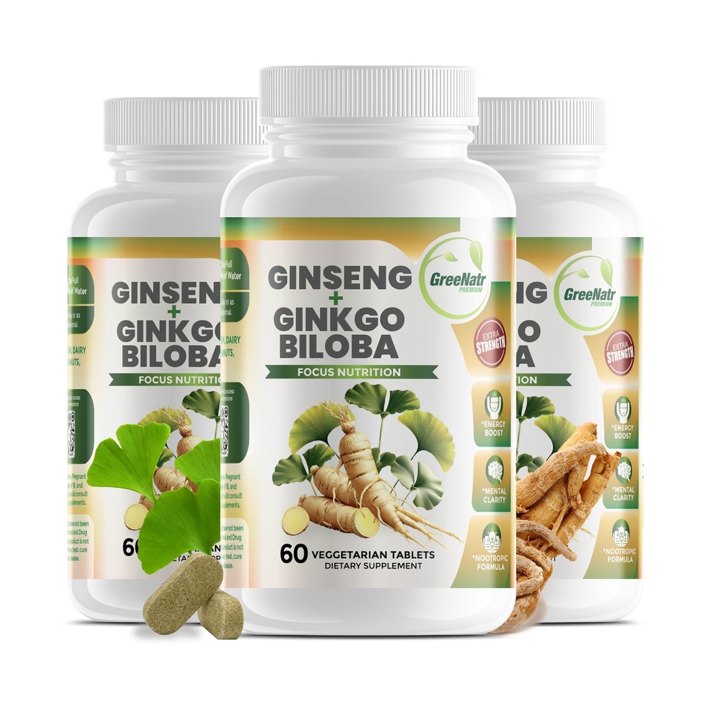 GreeNatr Ginko Biloba & Panax Ginseng Supplement - rød Ginseng Brain Supplement for minne og fokus - Ginkgo Biloba Kosttilskudd for god visjon, immunsystem og forbedret blodflow - 3 flasker