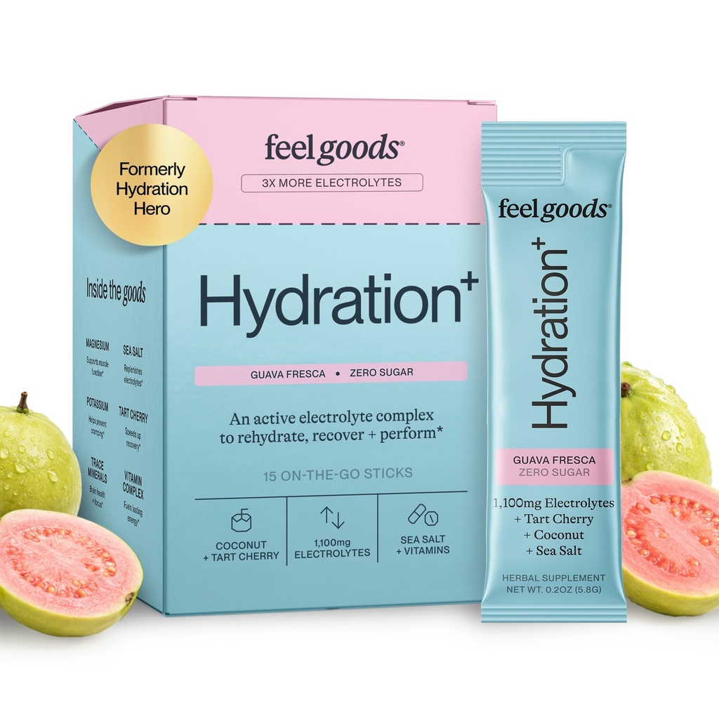 Feel Goods Hydration Hero, 1000mg Elektrolytter pulver, sukkerfri, magnesium, organisk kokosvann, L-teanin, vitamin C & B12, Non GMO, Keto, Vegan, Electrolyte Packets