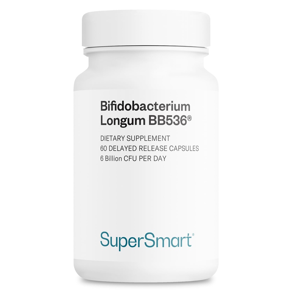 Supersmart - Bifidobacterium Longum (BB536) 6 milliarder CFU per dag - Probiotika og prebiotika Supplement | Ikke-GMO & Glutenfri - 60 DR Kapsler