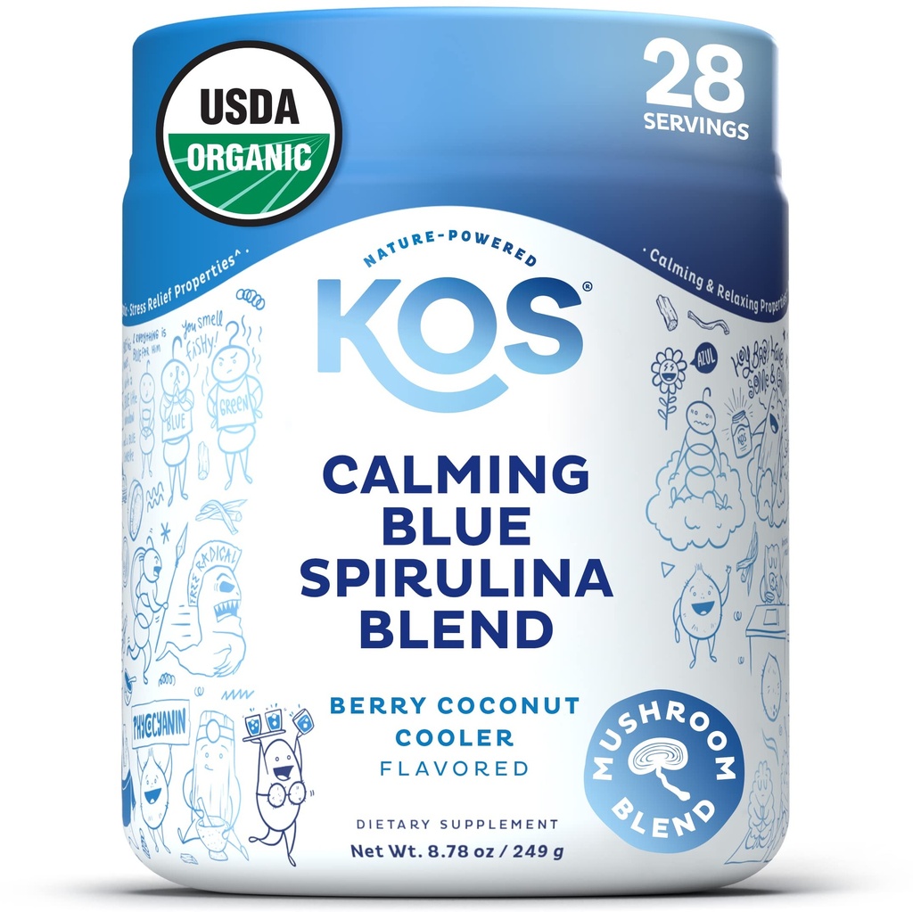 KOS beroligende blå spirulina blanding- USDA Certified Organic - Algae Superfood pulver med askwagandha rot, sitron Balm, Reishi Mushroom, B vitaminer - Berry Coconut Cooler Flavor, 28 Serveringer