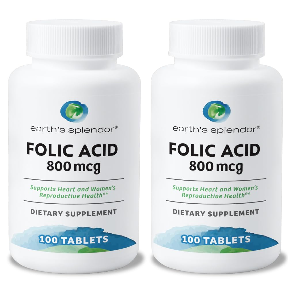 Jordens Splendor Folinsyre 800 mhg Supplement, støtter hjerte helse, støtter kvinners reproduktiv helse, glatt belagte tabletter (800 mhg, 200 tabletter, pakke med 2)