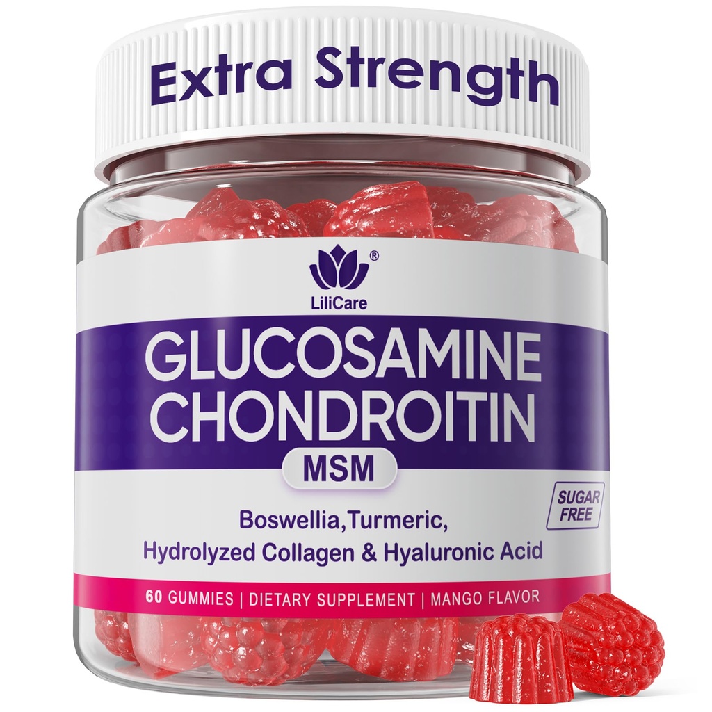 Glucosamine Chondroitin Gummies, sukkerfri glucosamine Chondroitin MSM Supplement, Extra styrke med Boswellia Turmeric, Hydrolysert kollagen & Hyaluronsyre, Bein helse for menn og kvinner, 60 Cts