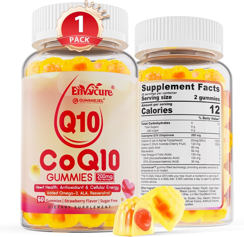 Sukkerfri CoQ10 200 mg fylte gummier, 5X bedre absorpsjon CoQ10 w/Resveratrol, Alpha Lipoic Acid, Omega-3, vitamin E, C, koenzym Q10 for Cellular energi, hjerte, hjerne og antioksidant (1Pack)