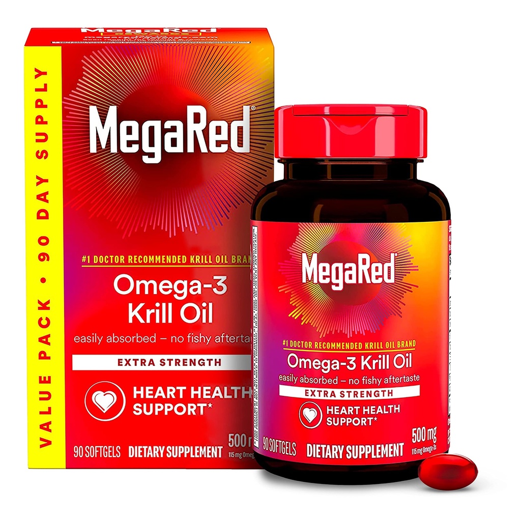 MegaRed Antarktis krill olje 500mg Omega 3 fettsyre Supplement, ekstra styrke EPA & DHA krill olje softgels (90cnt boks), astaxanthin, hjerte helse supplement uten fiskeolje ettersmak