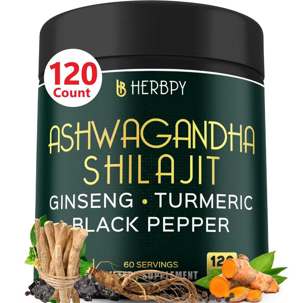 5in1 Ashwagandha Ekstra styrke med Shilajit for Stamina, Energi og avslappende støtte - Plus Ginseng, Turmeric Root & Black Pepper - 120 Count