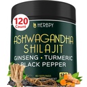 5in1 Ashwagandha Ekstra styrke med Shilajit for Stamina, Energi og avslappende støtte - Plus Ginseng, Turmeric Root & Black Pepper - 120 Count