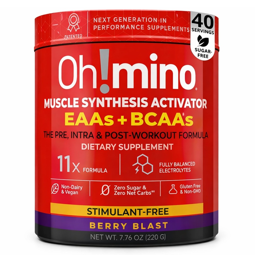 Oh!mino essensielle Aminosyrer Supplement. Berry Blast, Stimulant-fri pulver. Alle 9 EAA, BCAA og den perfekte Amino for trening, Amino energi, og å bygge muskler, og gjenopprette raskere.