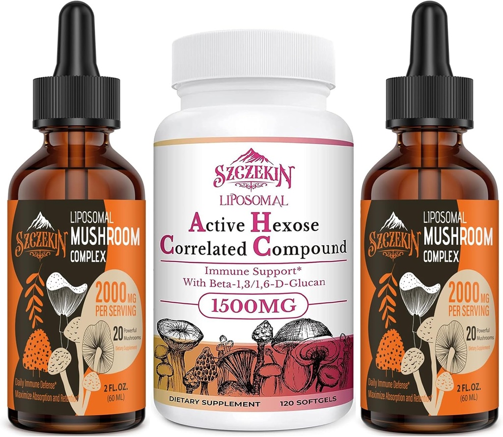 1500 MG Liposomal Aktiv Heksose Correlatert Supplement 120 SoftGels Bundle med 2000 MG Liposomal Mushroom Complex Drops 60 Services