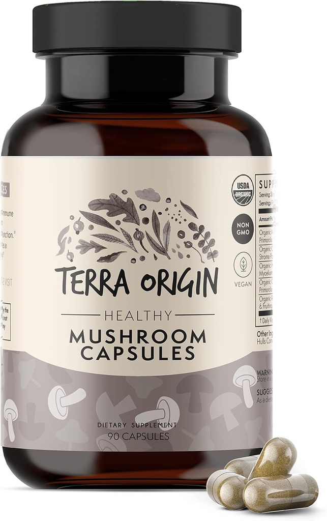 TERRA ORIGINA Sunn Mushroom Complex Supplement | 90 Kapsler | Reishi, Lions Mane, Changa, Cordyceps, Maitake | Immun & Nootropic Brain Support | Certified USDA Organic, Ikke GMO, Vegan