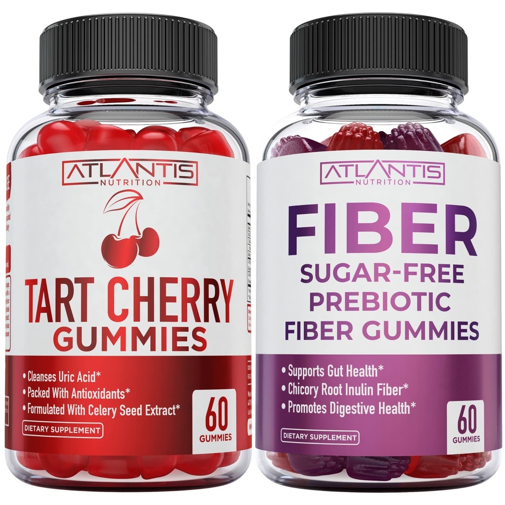 Atlantis Ernæring Tart Cherry 60 Gummies + sukkerfri prebiotiske fiber gummier for voksne 2-pakke (120 Gummies)