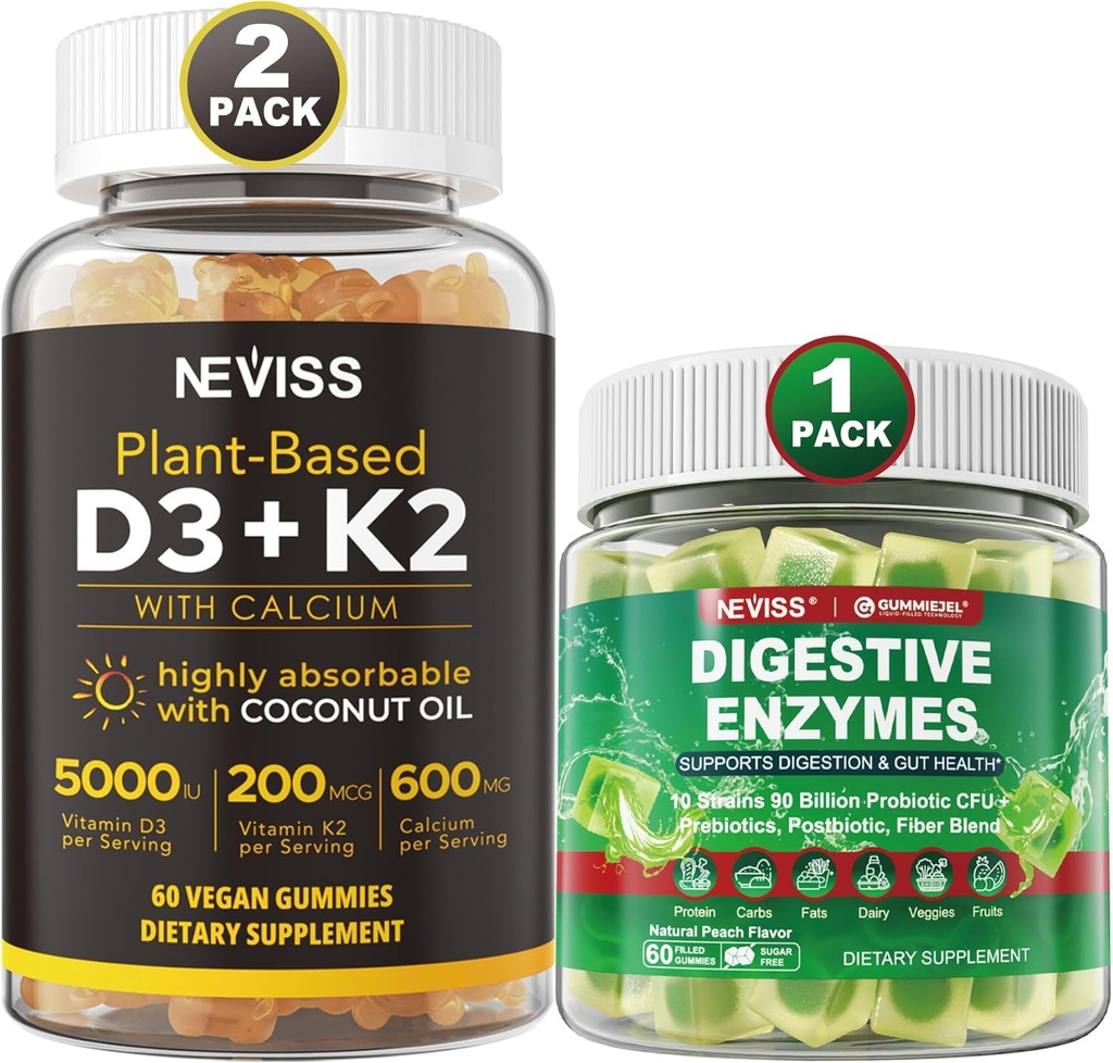 NEVISS Vitamin D3 5000iu & K2, Kalsium Gummies & Digestive Enzymes Gummies