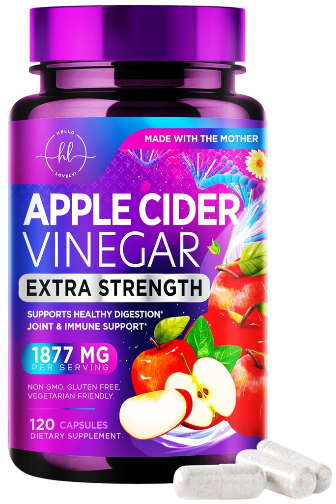 Apple Cider Vinegar Capsules 1877mg - Ekstra styrke ACV Piller med vitamin D3 & sink - Apple Vinegar piller Supplement for digestion, energi og immun støtte, ikke-GMO, flaske i USA - 120 kapsler