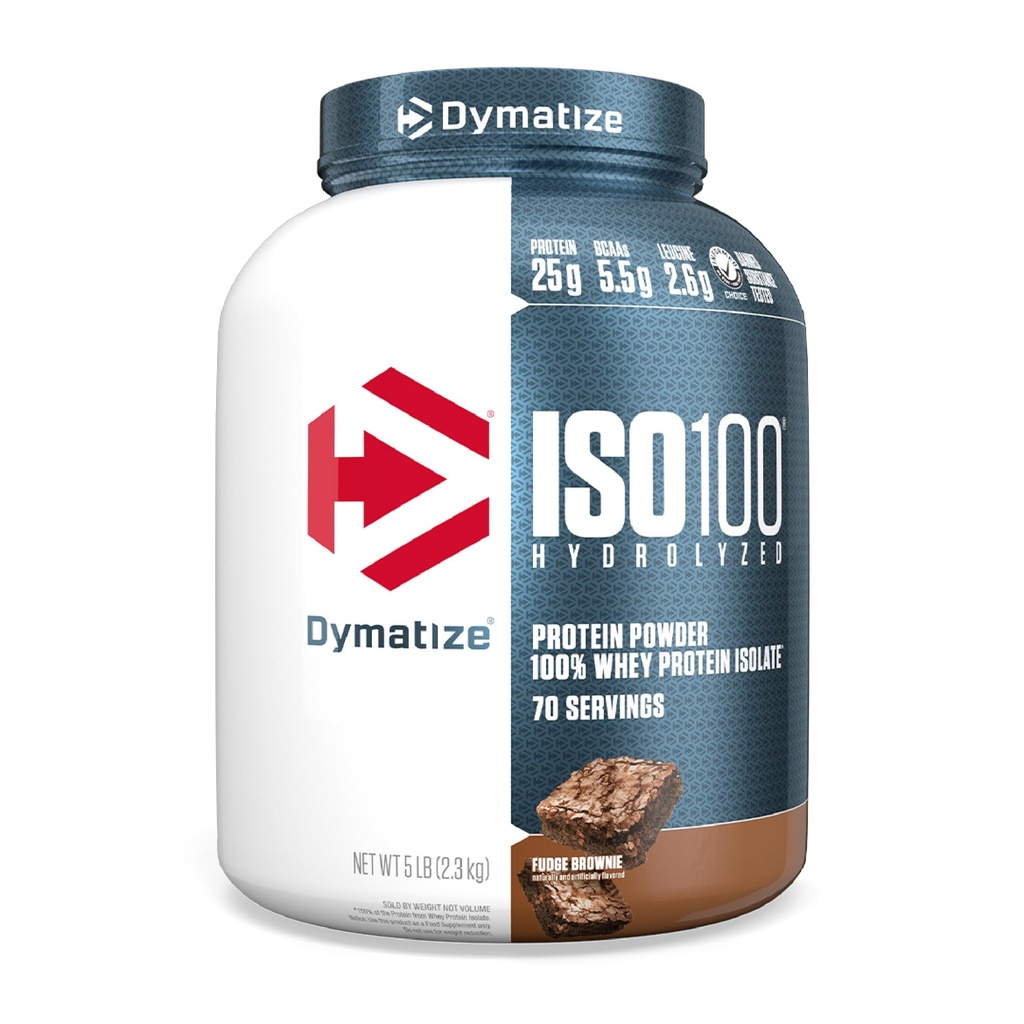 Dymatisere ISO100 Whey Protein pulver isolat, Fudge Brownie, 25 g protein, 5 pund, 5,5 g BCAA, mindre enn 120 kal., Glutenfri, 1g fett, 1g sukker, 2g karbohydrater (70 serveringer)