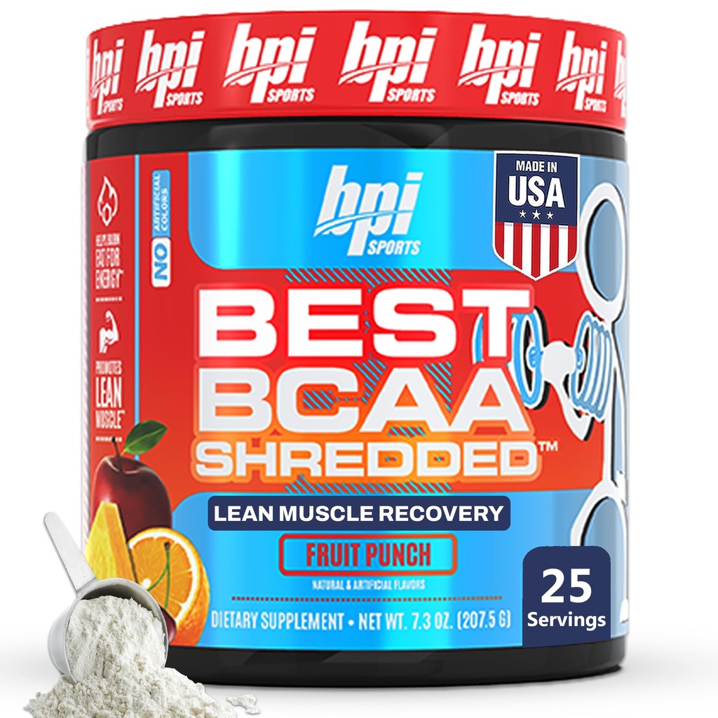 BPI Sports Best BCAA Shredded - Koffein Gratis termogen gjenoppretting drikke, Lean Muscle Building BCAA pulver for kvinner og menn, Preworkout BCAA Aminosyrer Drikke- Frukt Punch - 25 Serveringer