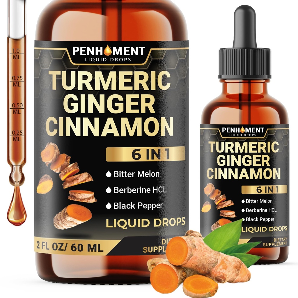 6in1 flytende gurkemeie curcumin med ginger, berberine ekstrakt, ceylon kanel, bitter Melon, svart pepper - drops ekstract - 2FL oz - 60 serveringer