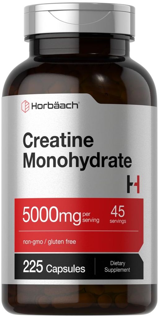 Horbäach Kreatin Monohydrat | 5g | 225 Kapsler | Ikke-GMO, Glutenfri Supplement
