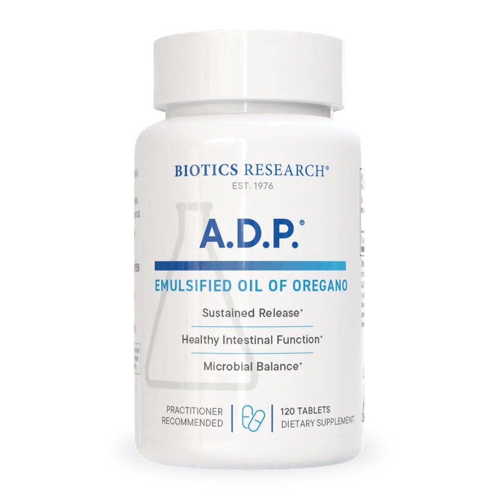Biotisk forskning A.D.P. Emulgert olje av Oregano-tabletter for GI Helse -Standert frigivelse for høy absorpsjon Inneholder Carvatrol, Wild Oregano-olje 50 mg/S - Patentert formel -Non GMO-120-tabletter