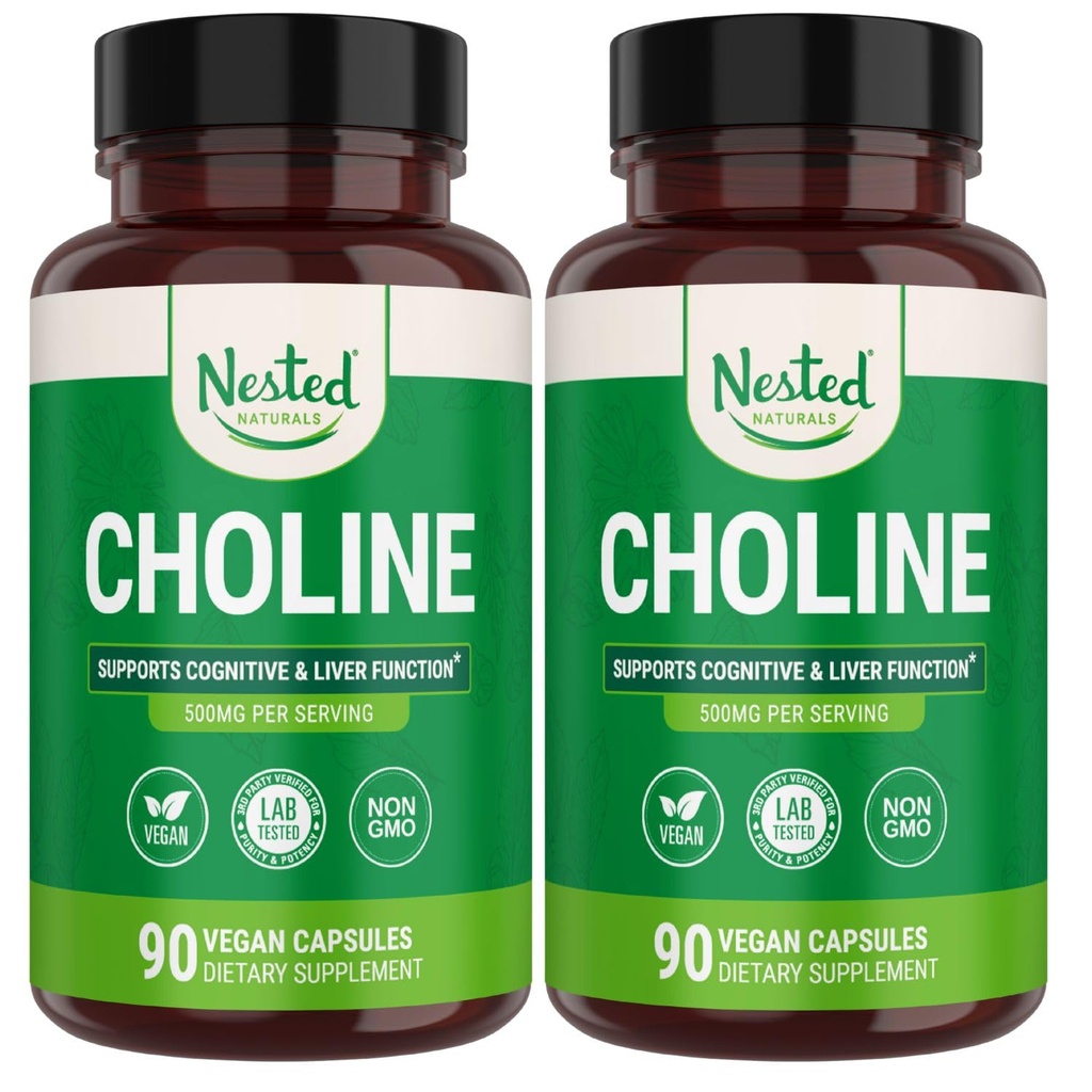 Nøstede Naturals Choline Bitartrate 500mg - høy potens Choline Supplements - Støtter Matern & Fetal Helse under svangerskapet * - 100% vegansk og ikke-GMO - 2-Pack (180 vegansk kapsler)
