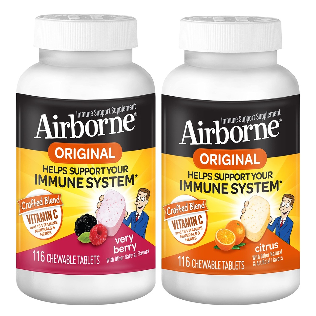 Airborne 1000mg Vitamin C Chewable Tablets Citrus & Very Berry Flavor Bundle - Immune Support Supplement with Zinc and Powerful Antioxidant Vitamins A C & E, (2x116ct bottles)*