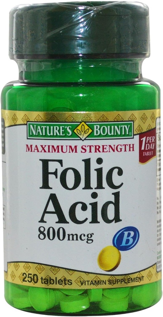 Naturens Bounty folic Acid 800 mcg tabletter Maksimal styrke 250 ea (pakke på 5)