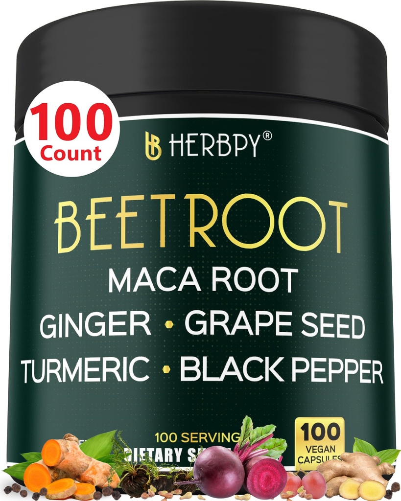 6in1 Beetroot Supplement med Maca Root, Grape frø, Ginger, gurkemeie og svart pepper for hjerte helse og immun støtte - 100 Vegan Kapsler