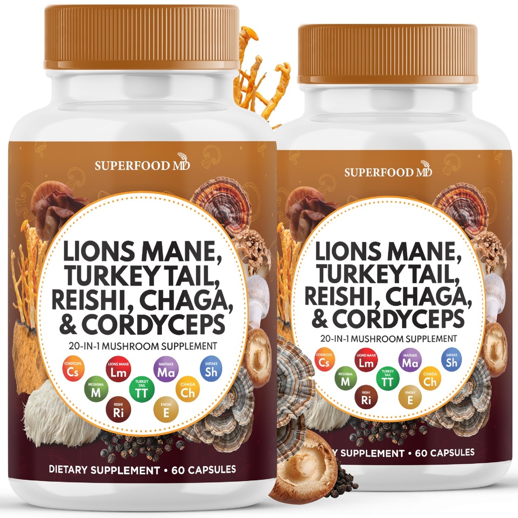 Lions Mane Mushroom Supplement med Tyrkia Tail Reishi Cordyceps Chaga med Marshmallow Root - 120 greve