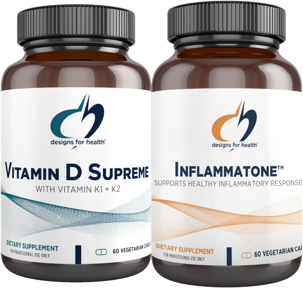 Designs for Helsevitamin D Supreme + Inflammatone Bundle - vitamin D3 5000 IU + 2000mcg vitamin K med en enzyme botanisk blanding for å fremme sunn inflammatorisk respons - 2 Produkter
