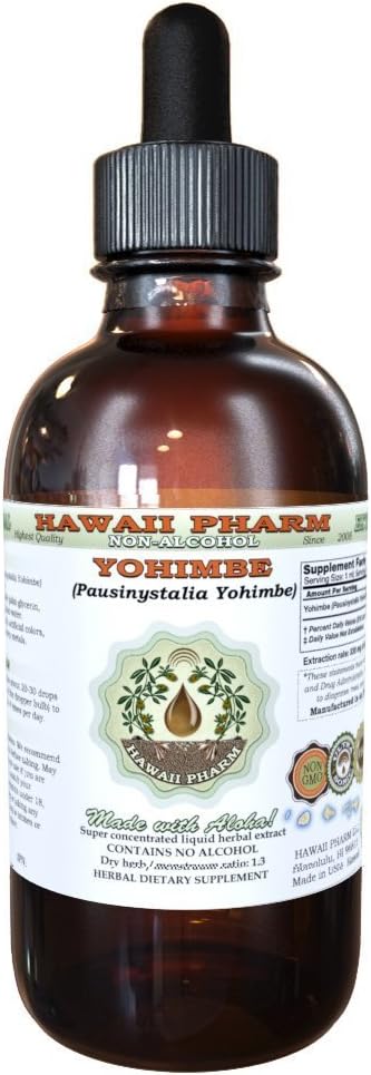 Hawaii Pharm Yohimbe alkoholfri flytende ekstrakt, Yohimbe væske (Pausinystalia Yohimbe) tørket Bark Glycerite Natural Herbal Supplement, USA 4 fl.oz