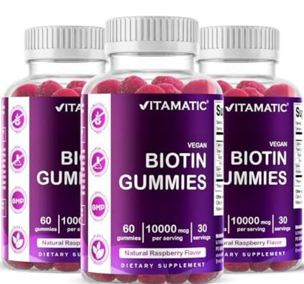 Vitamatic Biotin Gummies 10.000 mhg for sterkere hår, hud og negler - 60 vegansk gummi - også kalt vitamin B7 (3 flasker)