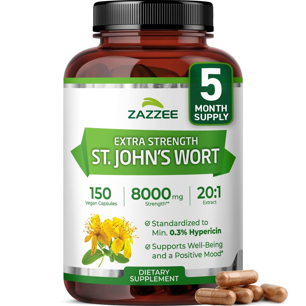 Zazzee Extra Styrke St John's Wort 20:1 Ekstrakt, 8000 mg styrke, 0,3% Hypericin, 150 Vegan Capsules, 5 måneders forsyning, Konsentrert, Standardisert 20X ekstrakt, 100% vegetarisk, ikke-GMO, Alt-naturlig