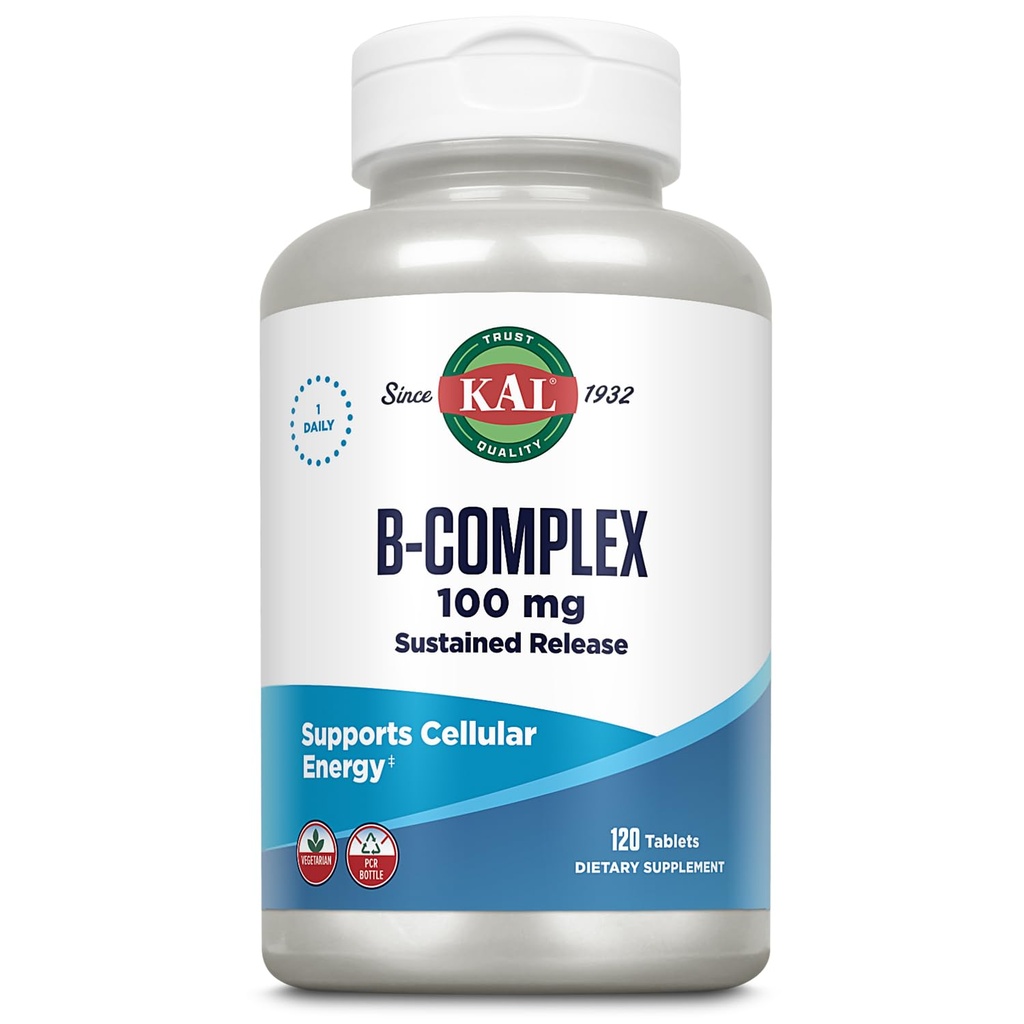 KAL B-100 Complex - Uunnværlig utgivelse vitamin B kompleks - Sunn energi støtte med naturlig støttebase og fersk minty belegg - vegetarian - 60 dagers garanti - 120 serveringer, 120 tabletter