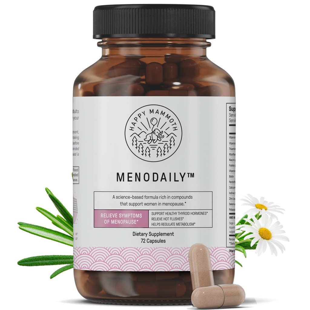 Happy Mammoth Meno Daily Menopause vitaminer og kosttilskudd for kvinner (* Ikke hormon Harmony), Økt metabolisme, sunn hud, hår og negler, Hot Flash, Mood Support, 72 Caps