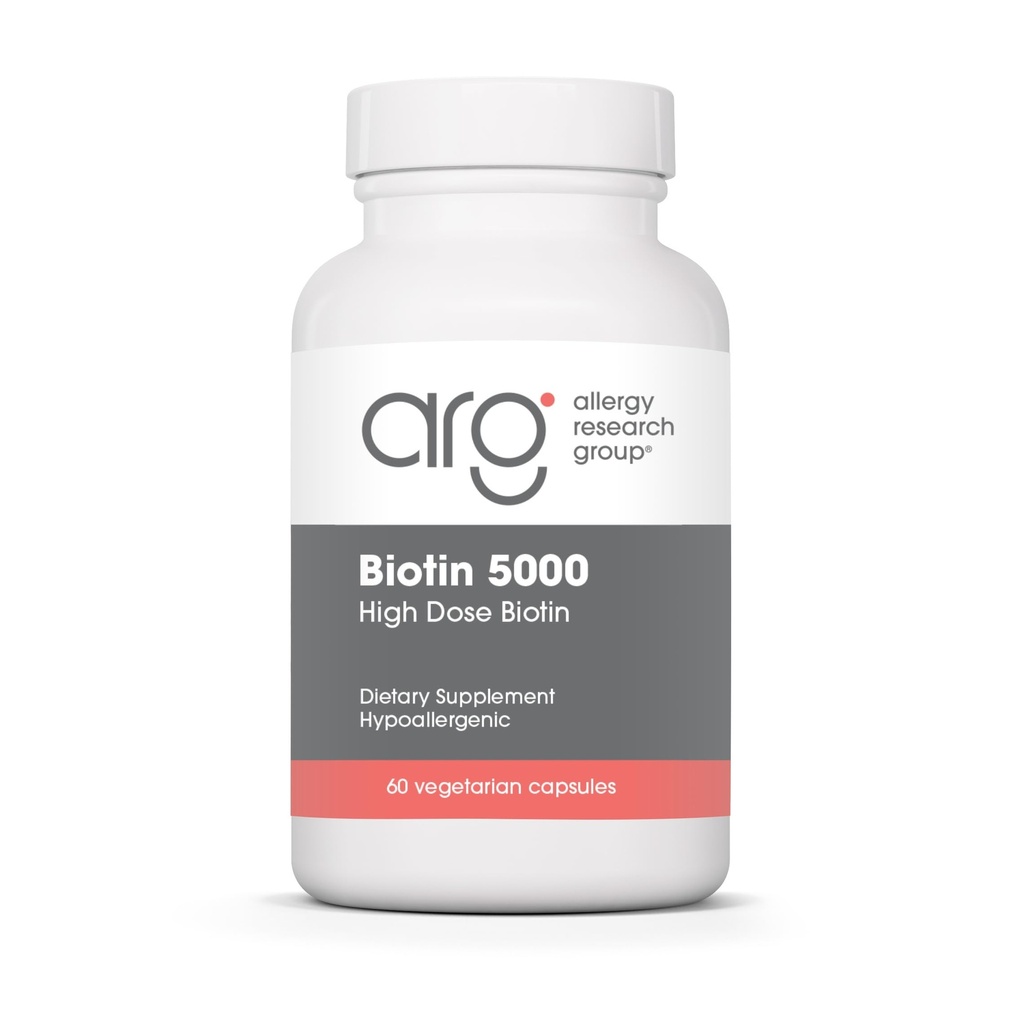 Allergi forskning gruppe Biotin 5000 Supplement - 5000mcg Biotin, Vitaminer for hår, hud og negler, høy dose, vegetariske kapsler, Hypoallergenic, Glutenfri - 60 Antall