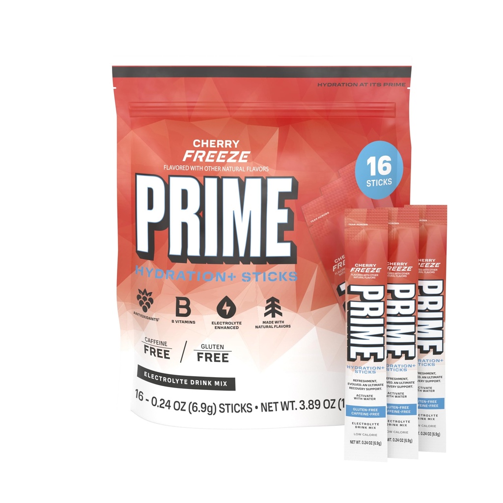 PRIME HYDRATION+ Sticks Cherry Freeze  enhver porsjon pulver enkelt servere pinner | Electrolyte pulver på farten | Lav sukker | koffeinfri | Vegan | 16 Sticks