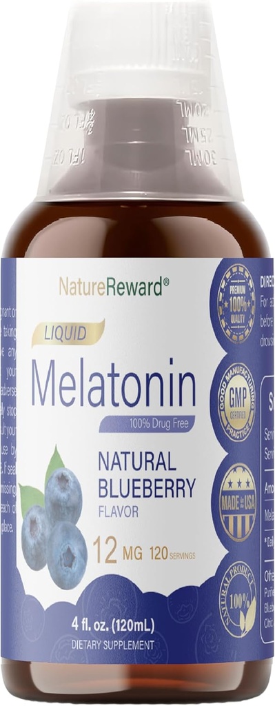 Melatonin 12mg | 4 fl oz væske |120 serveringer | Blåbær flavor | for voksne | Ikke-GMO, Vegetarisk Supplement