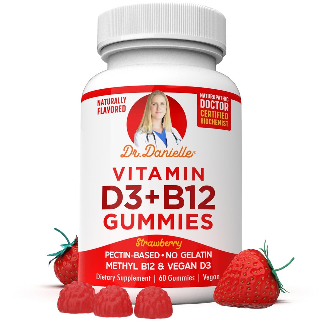 Vitamin D3, B12 Gummies av Dr. Danielle, Vegansk daglig kosttilskudd for voksne og barn, ikke-GMO, vitamin D3 1000 IU og 250 mcg vitamin B12, 2 måneders forsyning (60 gummies)